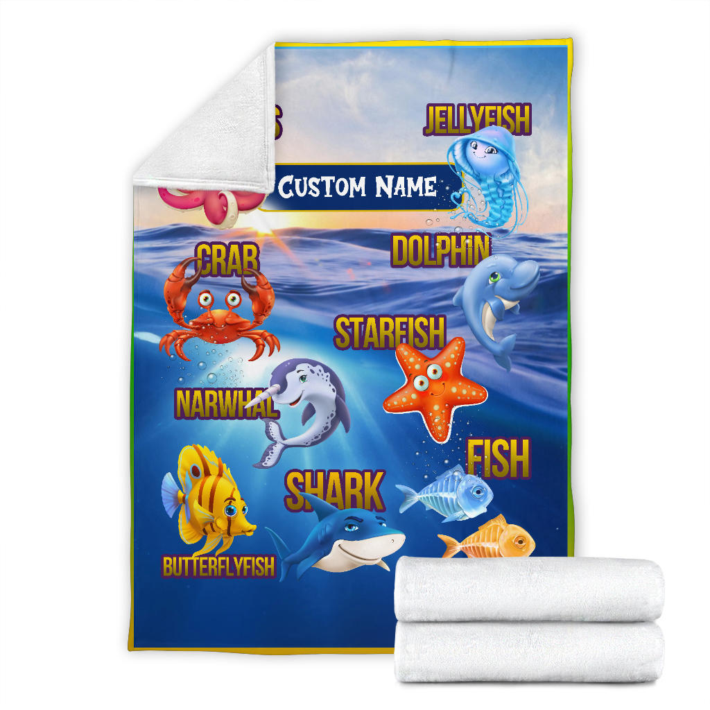 Personalized Name Sea Animals Blanket for Kids, Educational, Learning Custom Name Blanket for Boys & Girls