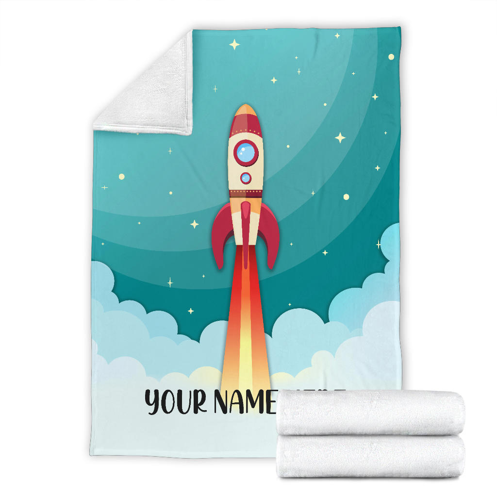 Personalized Name Kids Rocket Launch Space Theme Blanket for Boys and Girls