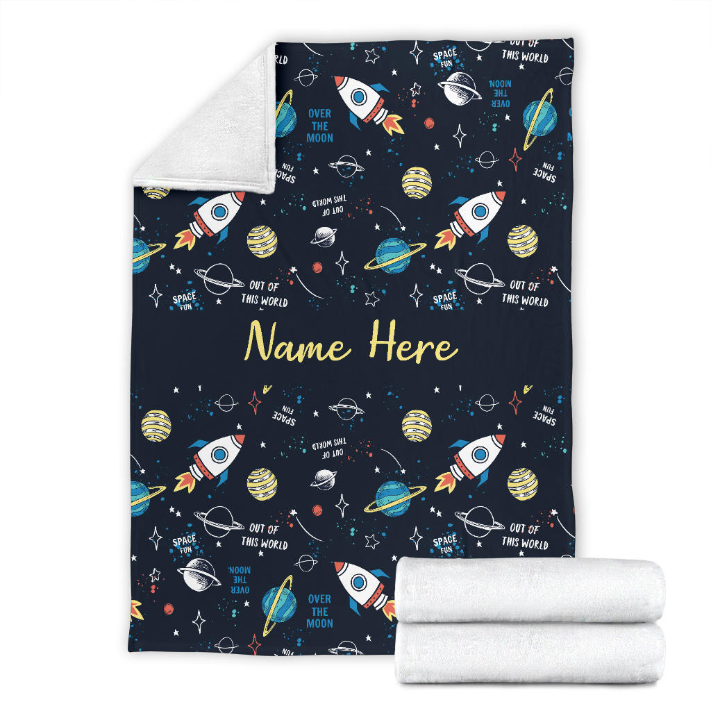 Personalized Name Space Blanket with Rockets & Planets for Boys & Girls