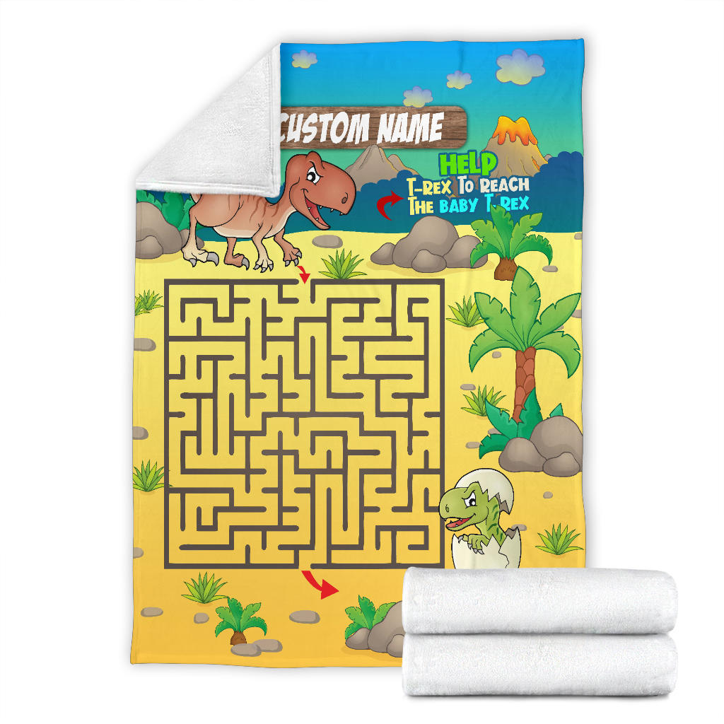 Personalized Name Educational Help T-Rex Maze Blanket for Boys & Girls, Custom Name Dinosaur Blanket for Kids