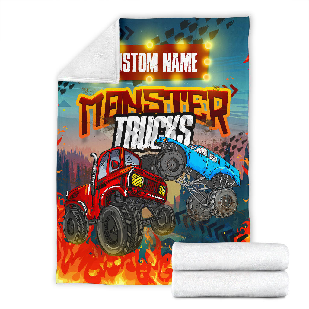 Personalized Name Monster Truck Blanket for Boys & Girls, Childrens Blanket