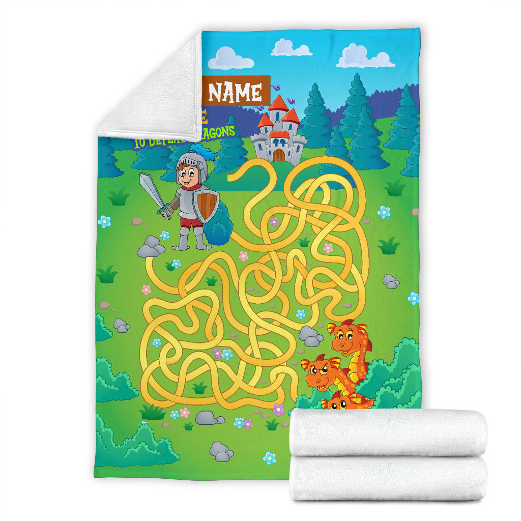 Personalized Name, Educational, Learning Help a Knight To Defeat Dragons Blanket for Kids, Maze Blanket for Boys & Girls