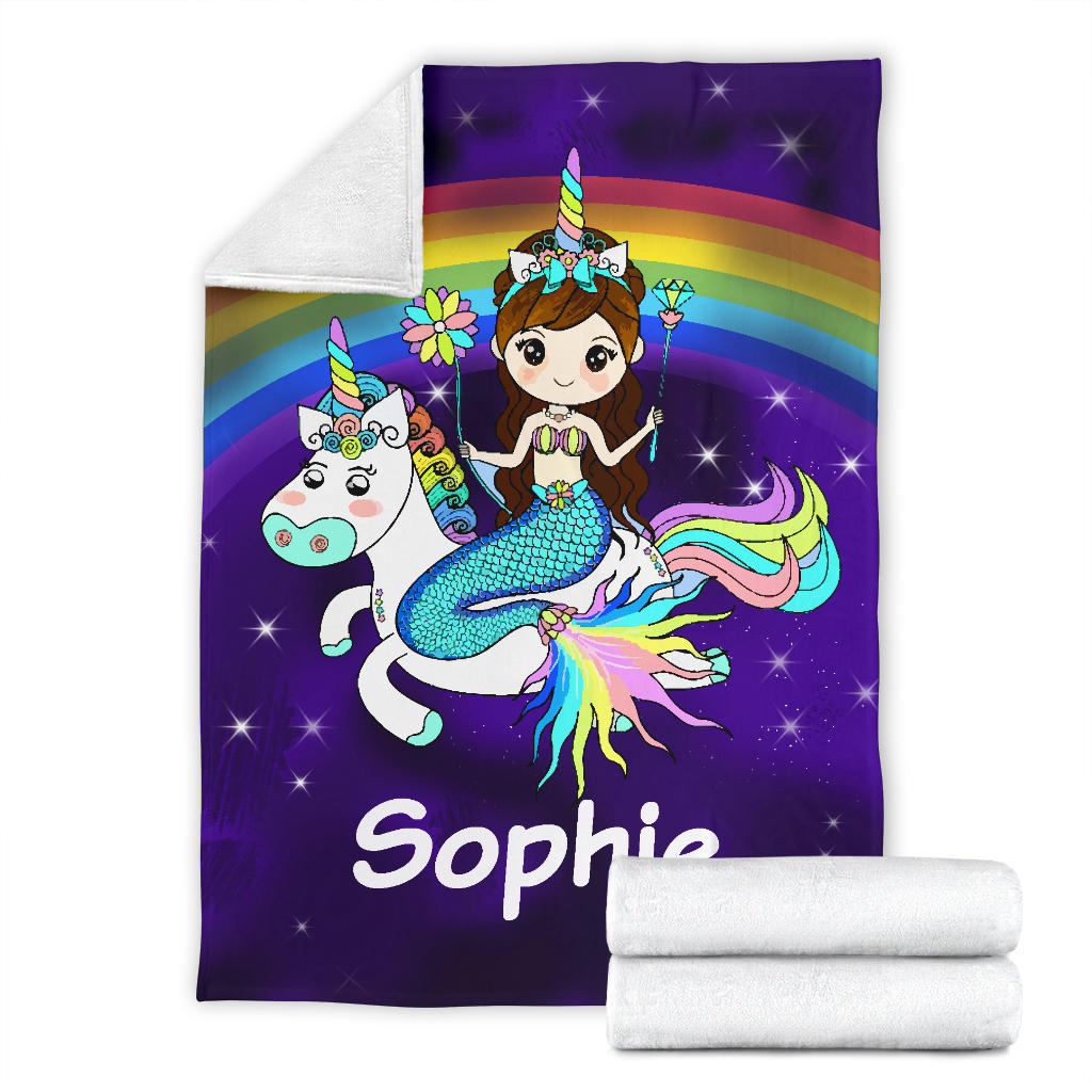 Personalized Name Mermaid & Unicorn Rainbow Blanket for Girls & Boys, Custom Name Blanket for Kids
