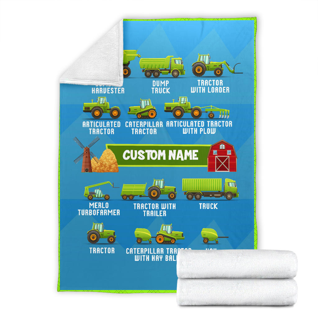 Personalized Name, Farm, Agricultural Machinery, Tractor Blanket for Kids, Boys & Girls Custom Name Blanket