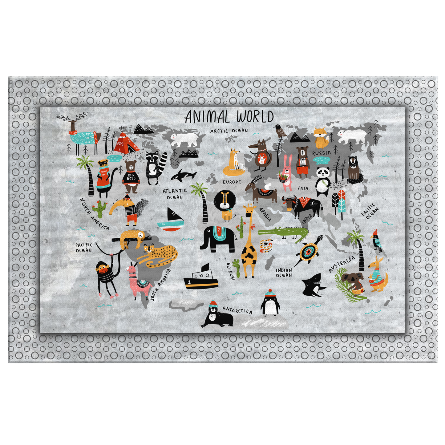 Personalized Map of World for Kids with Animal World, Scandinavian, Canvas Wall Art for Children's Room, Learning, Educational Map for Boys & Girls