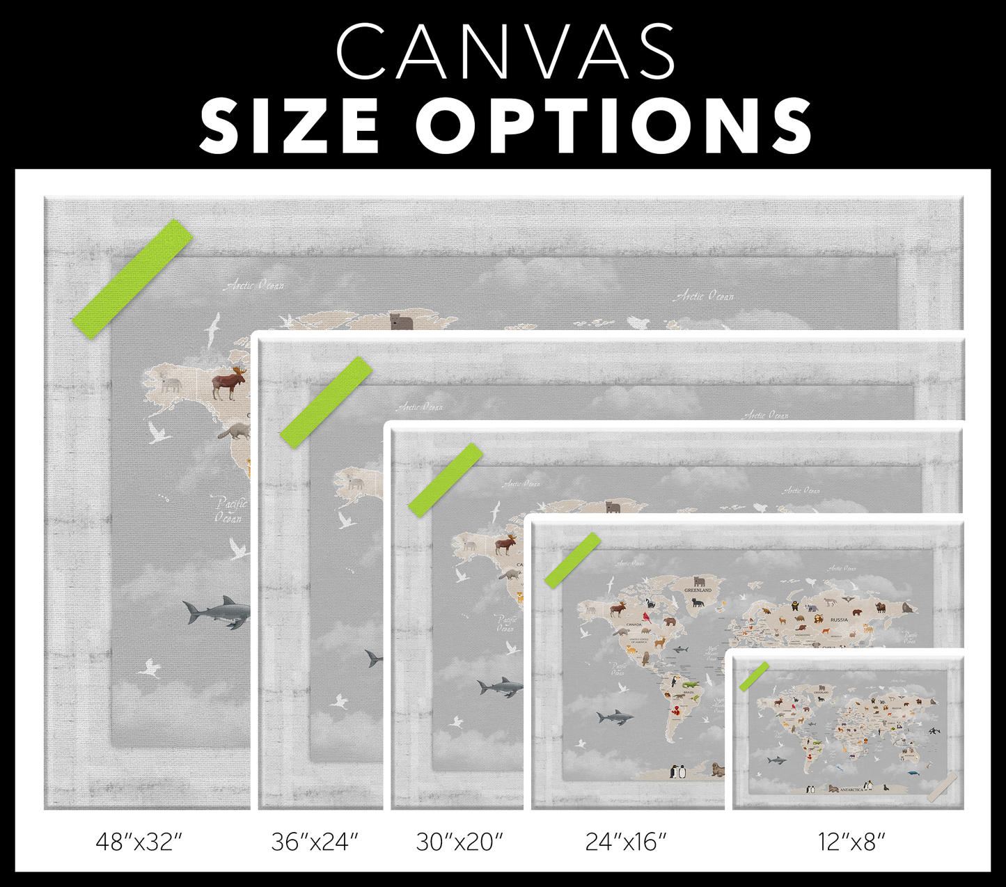 Personalized Map of World for Kids with Animals, Canvas Wall Art for Children's Room, Learning, Educational Map for Boys & Girls