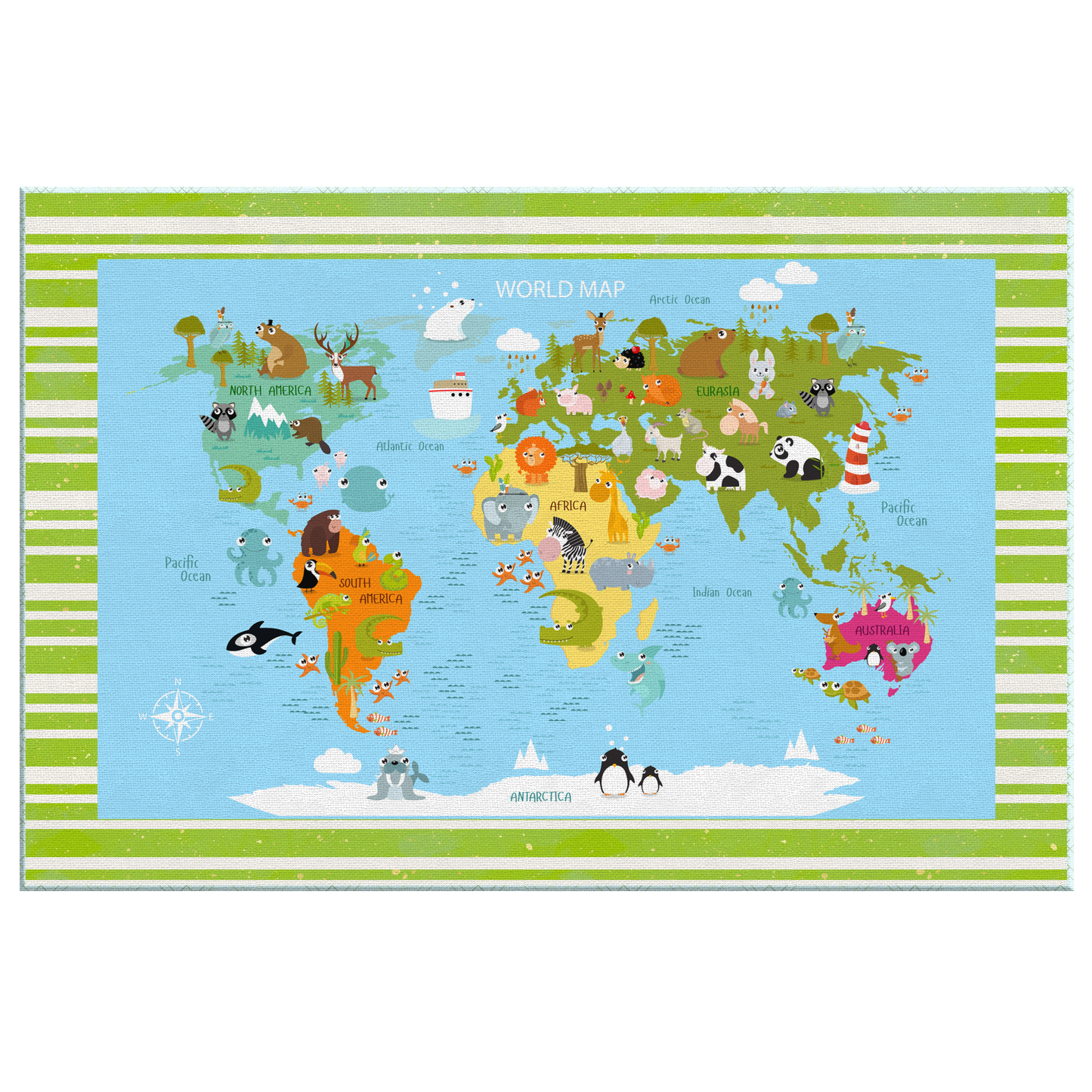 Personalized Map of World for Kids with Funny Animals, Canvas Wall Art for Children's Room, Learning, Educational Map for Boys & Girls