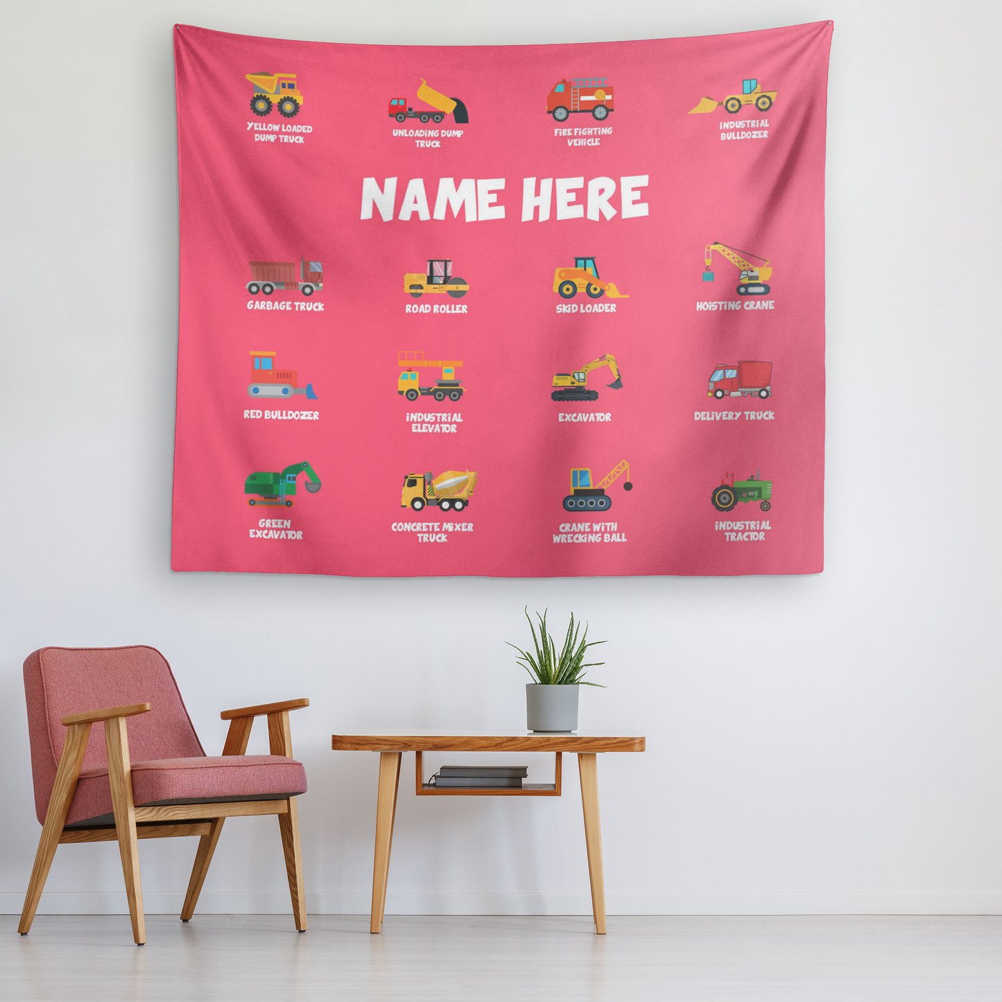Personalized Name Construction Machines Wall Tapestry for Kids Room