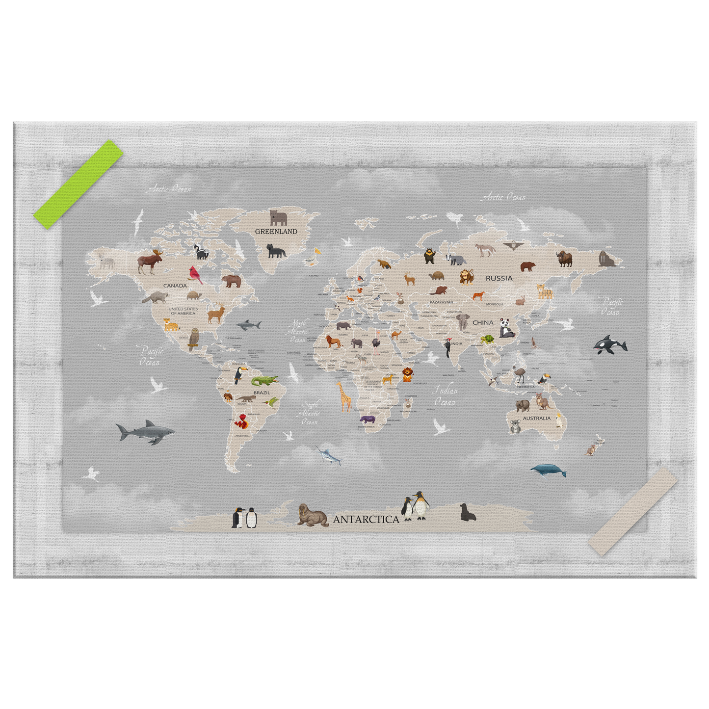 Personalized Map of World for Kids with Animals, Canvas Wall Art for Children's Room, Learning, Educational Map for Boys & Girls