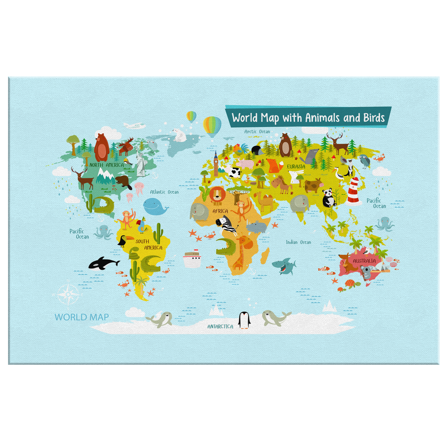 Personalized World Map for Kids, Canvas Wall Art for Children's Room, Learning, Educational Map for Boys & Girls