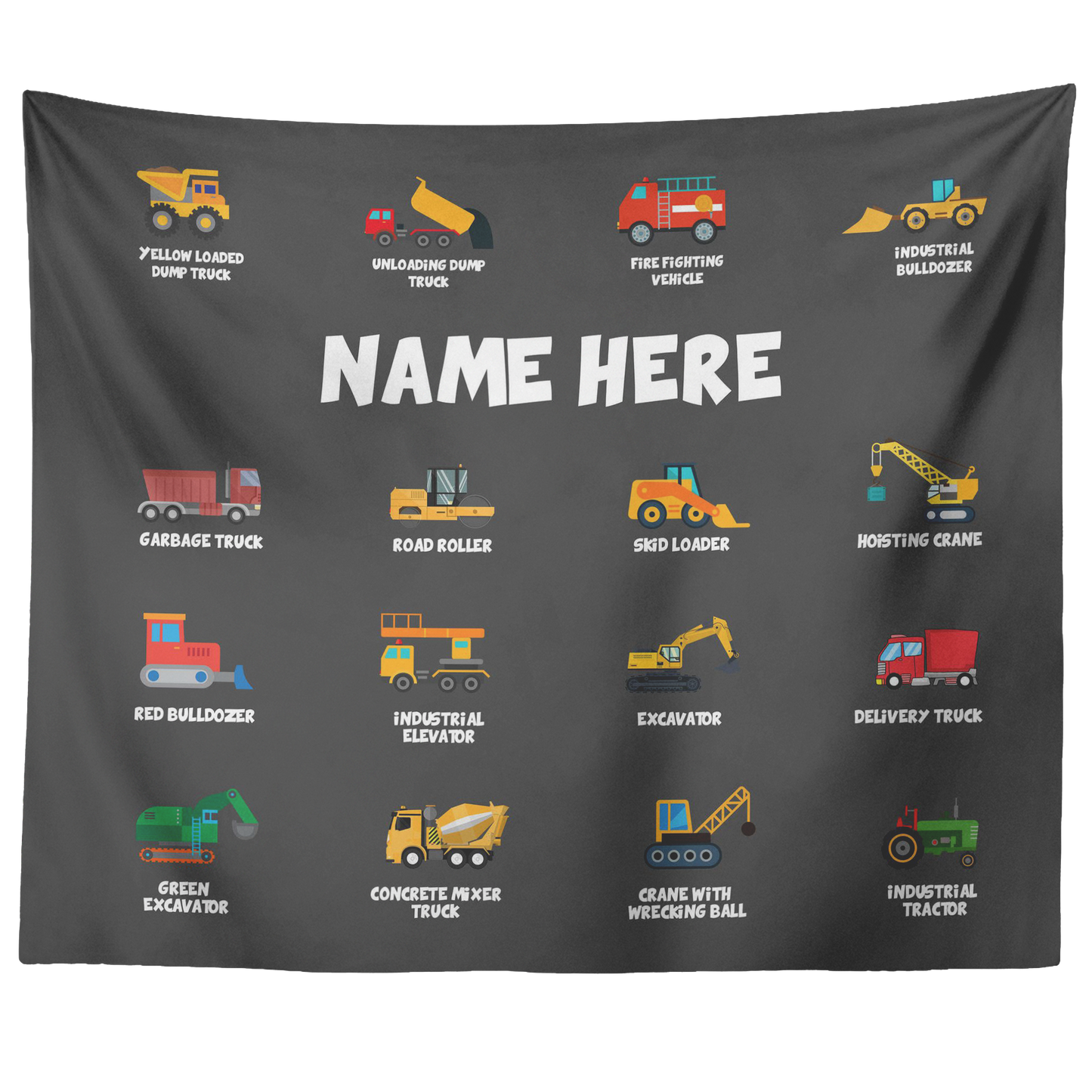 Personalized Name Construction Machines Wall Tapestry for Kids Room