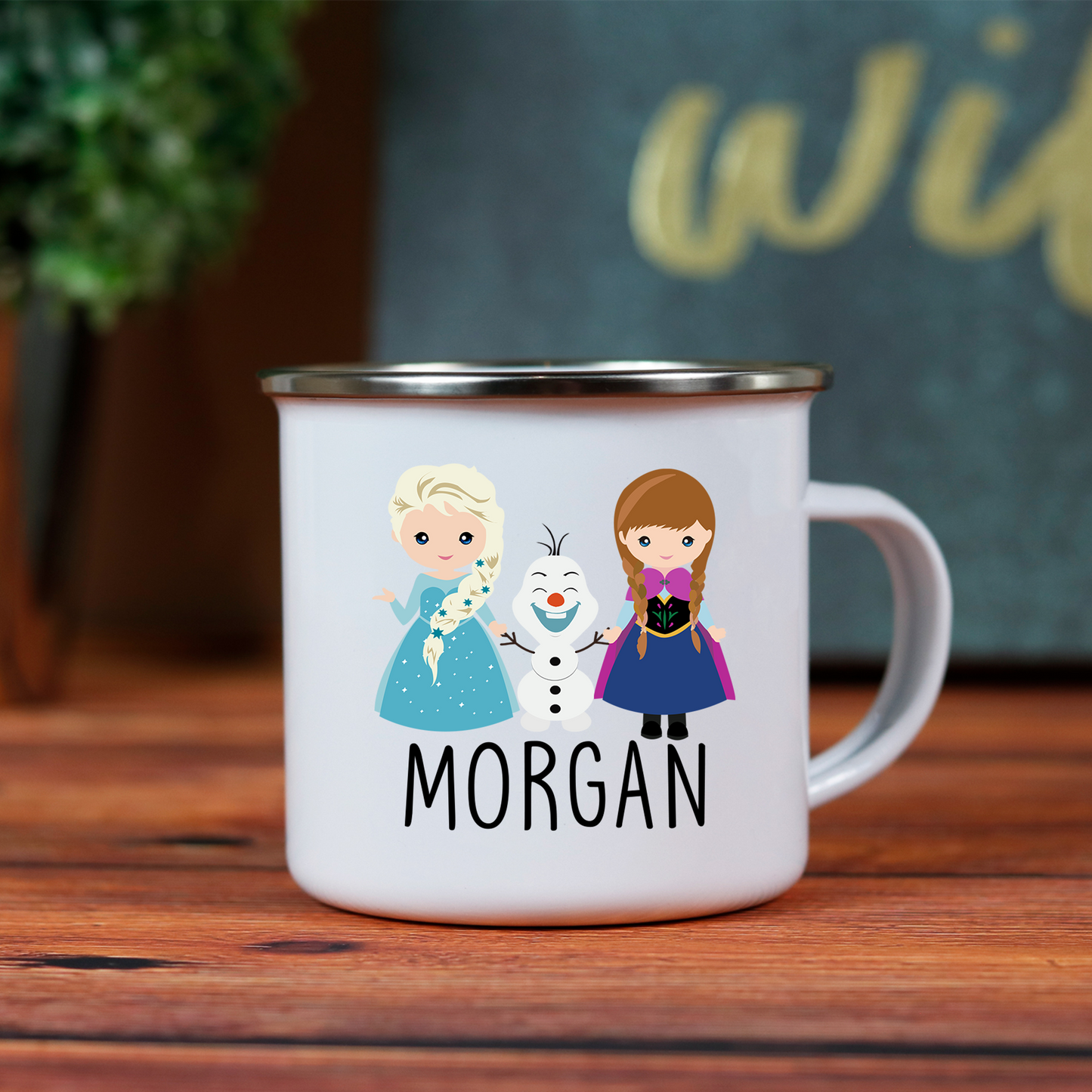 Personalized Kids Cup, Campfire Mug with Princesses and Snowman 10oz