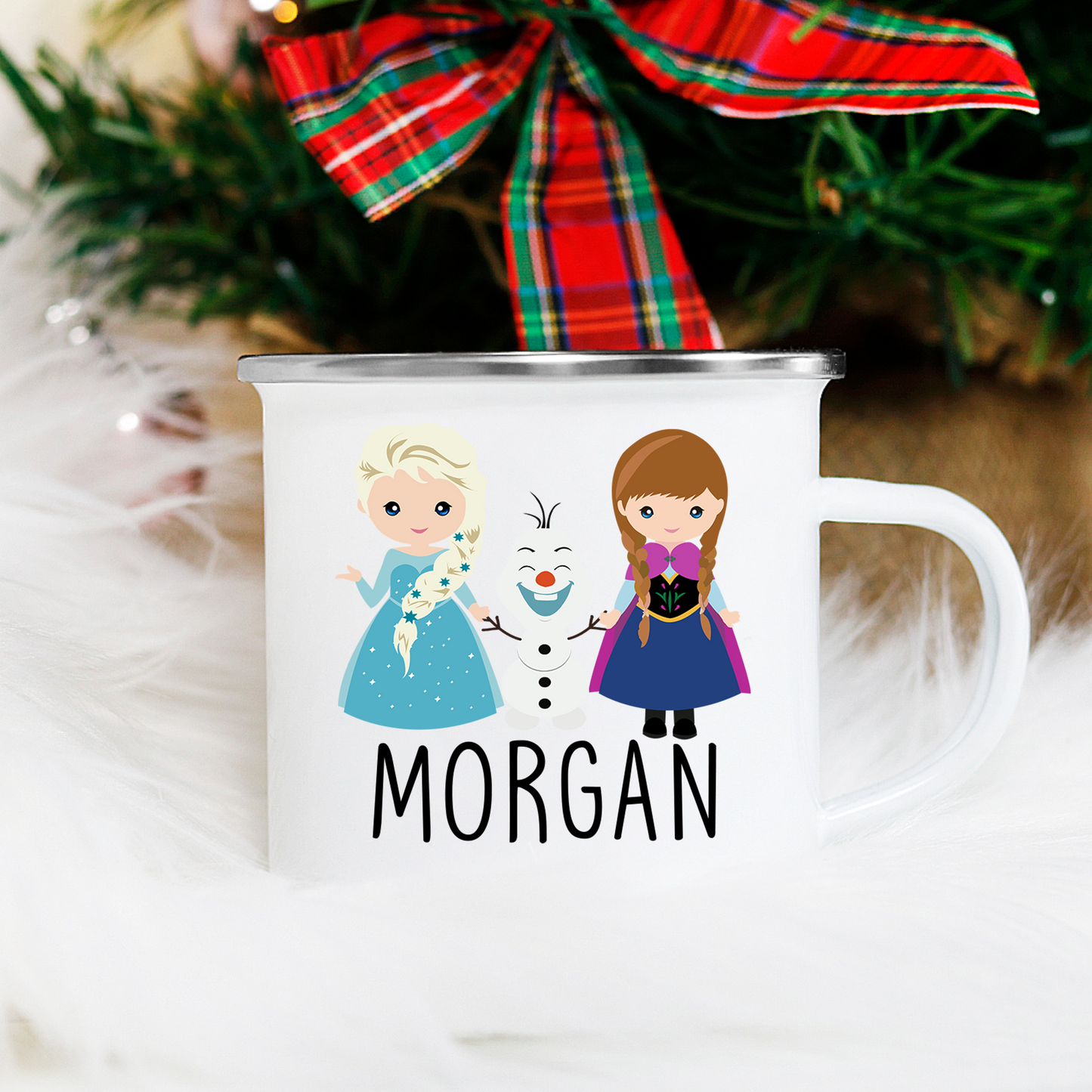 Personalized Kids Cup, Campfire Mug with Princesses and Snowman 10oz