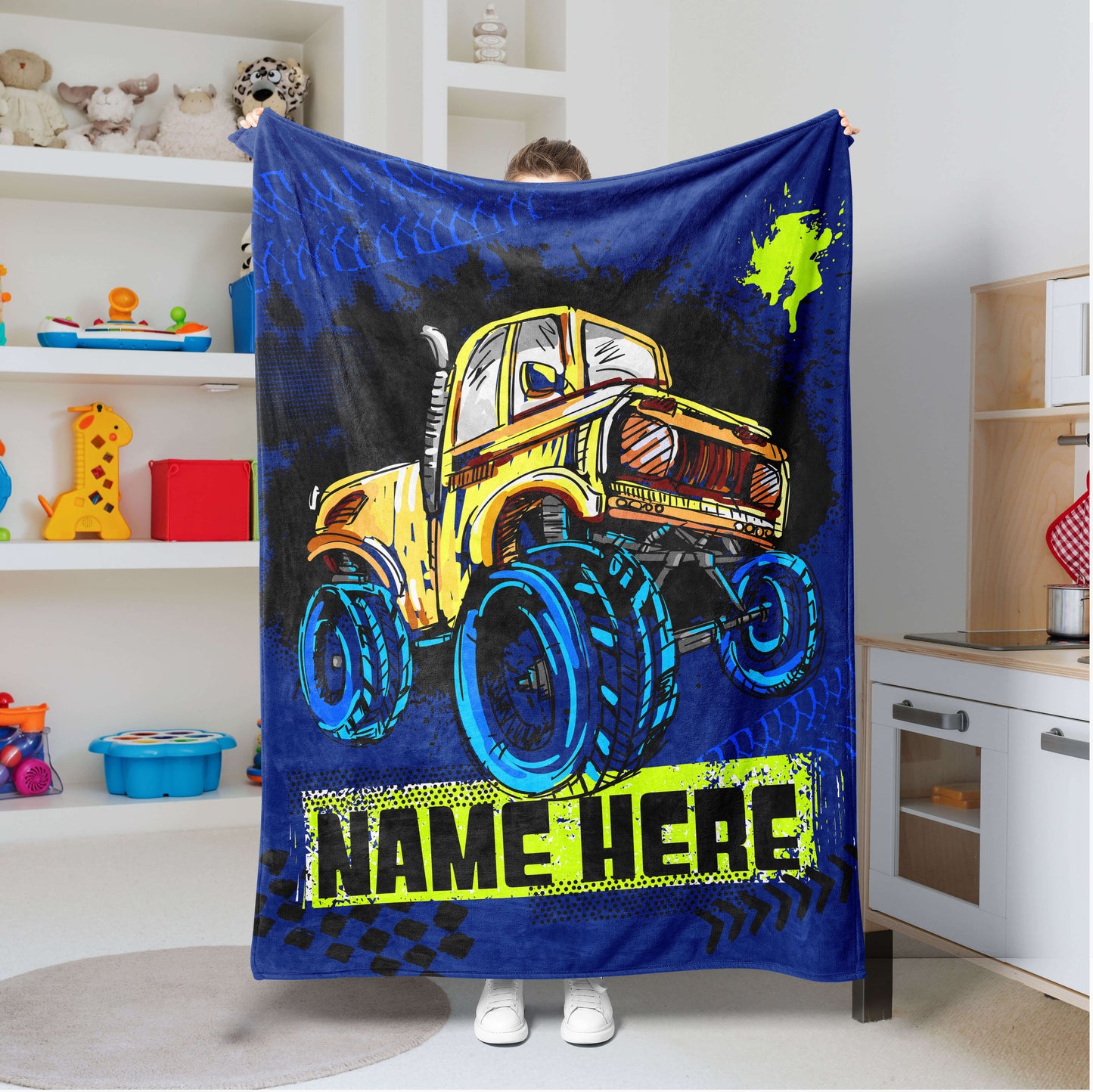 Personalized Name, Custom Blankets with Monster Trucks for Kids, Babies, Toddlers, Boys, Girls