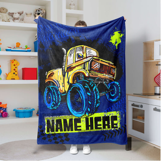 Personalized Name, Custom Blankets with Monster Trucks for Kids, Babies, Toddlers, Boys, Girls