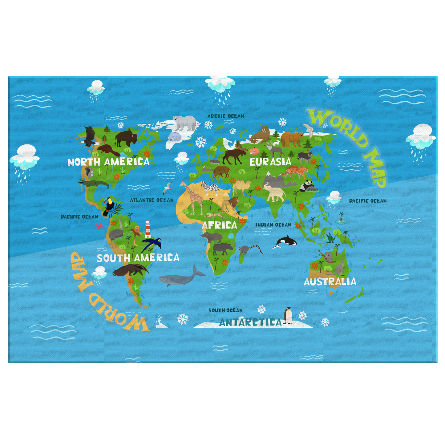 Personalized Blue Map of World for Kids with Animals, Canvas Wall Art for Children's Room, Learning, Educational Map for Boys & Girls