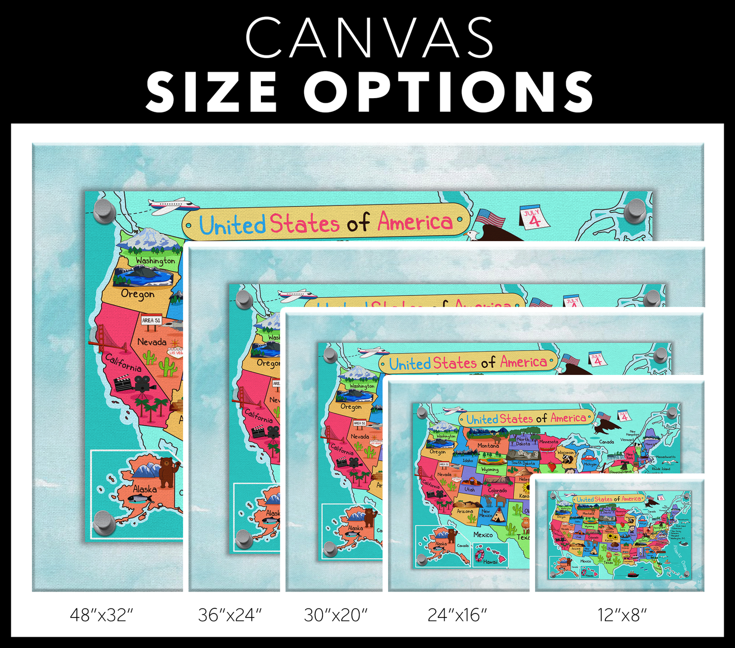 USA, United States Map for Kids, Canvas Wall Art for Children's Room, Learning, Educational Map for Boys & Girls