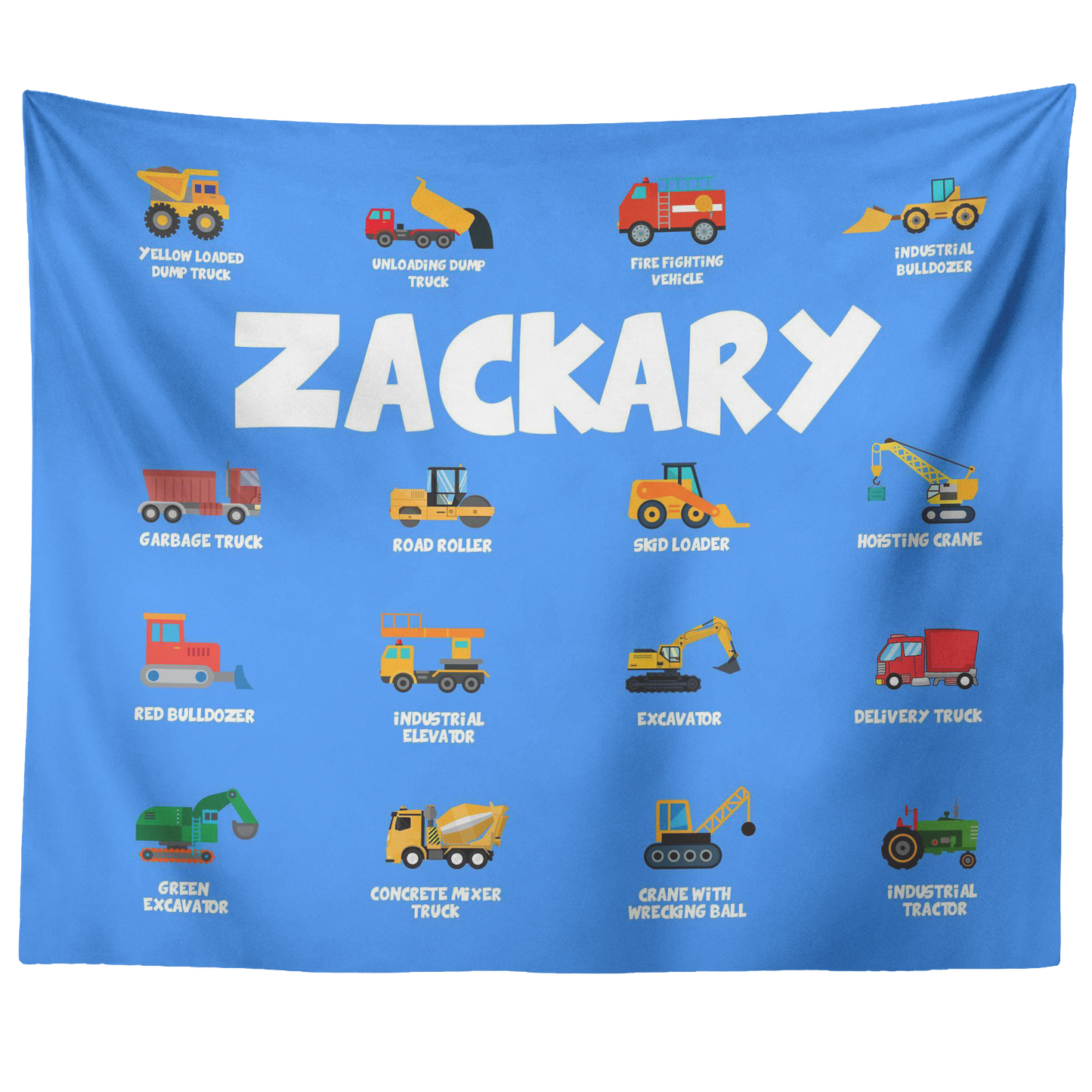 Personalized Name Construction Machines Wall Tapestry for Kids Room - Zackary
