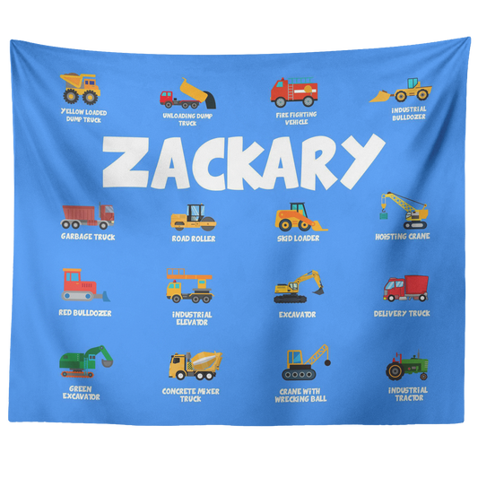 Personalized Name Construction Machines Wall Tapestry for Kids Room - Zackary