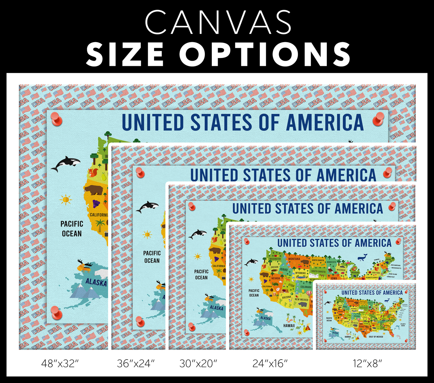 USA, United States Map for Kids, Canvas Wall Art for Children's Room, Learning, Educational Map for Boys & Girls