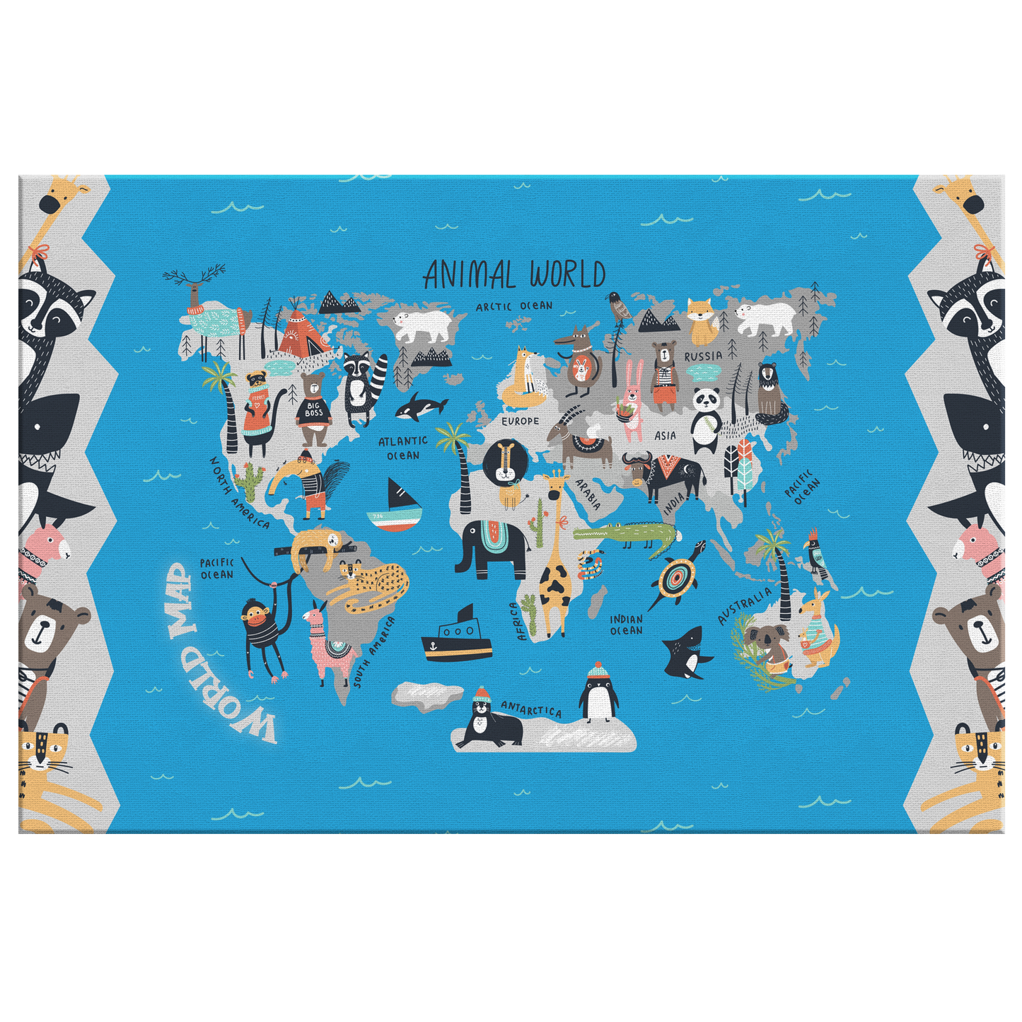 Personalized Map of World for Kids with Peeking Animals, Canvas Wall Art for Children's Room, Learning, Educational Map for Boys & Girls