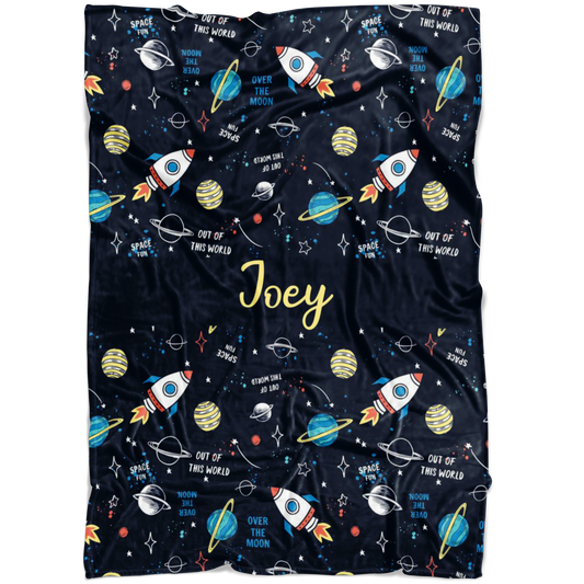 Personalized Name Space Blanket with Rockets & Planets for Boys & Girls - Joey
