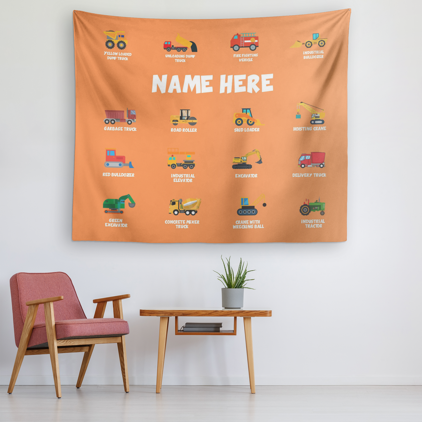 Personalized Name Construction Machines Wall Tapestry for Kids Room