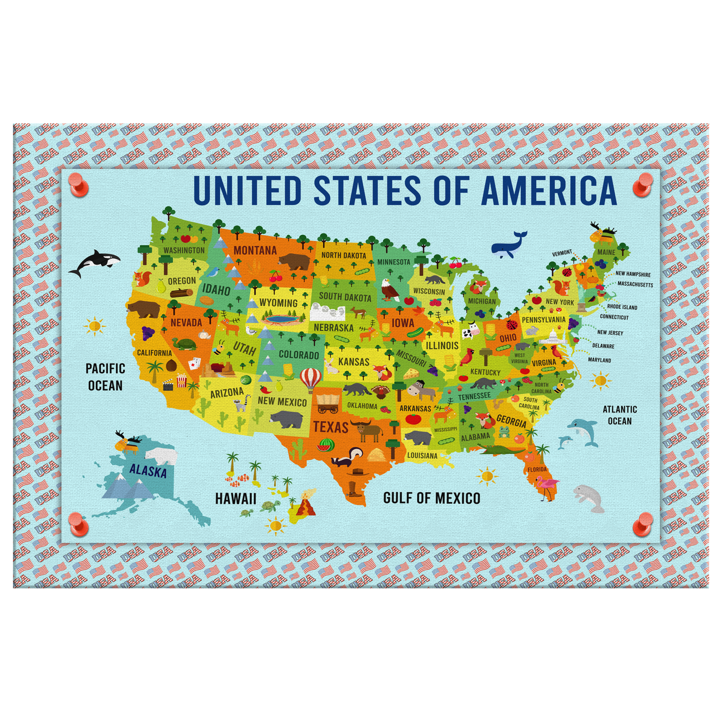 USA, United States Map for Kids, Canvas Wall Art for Children's Room, Learning, Educational Map for Boys & Girls