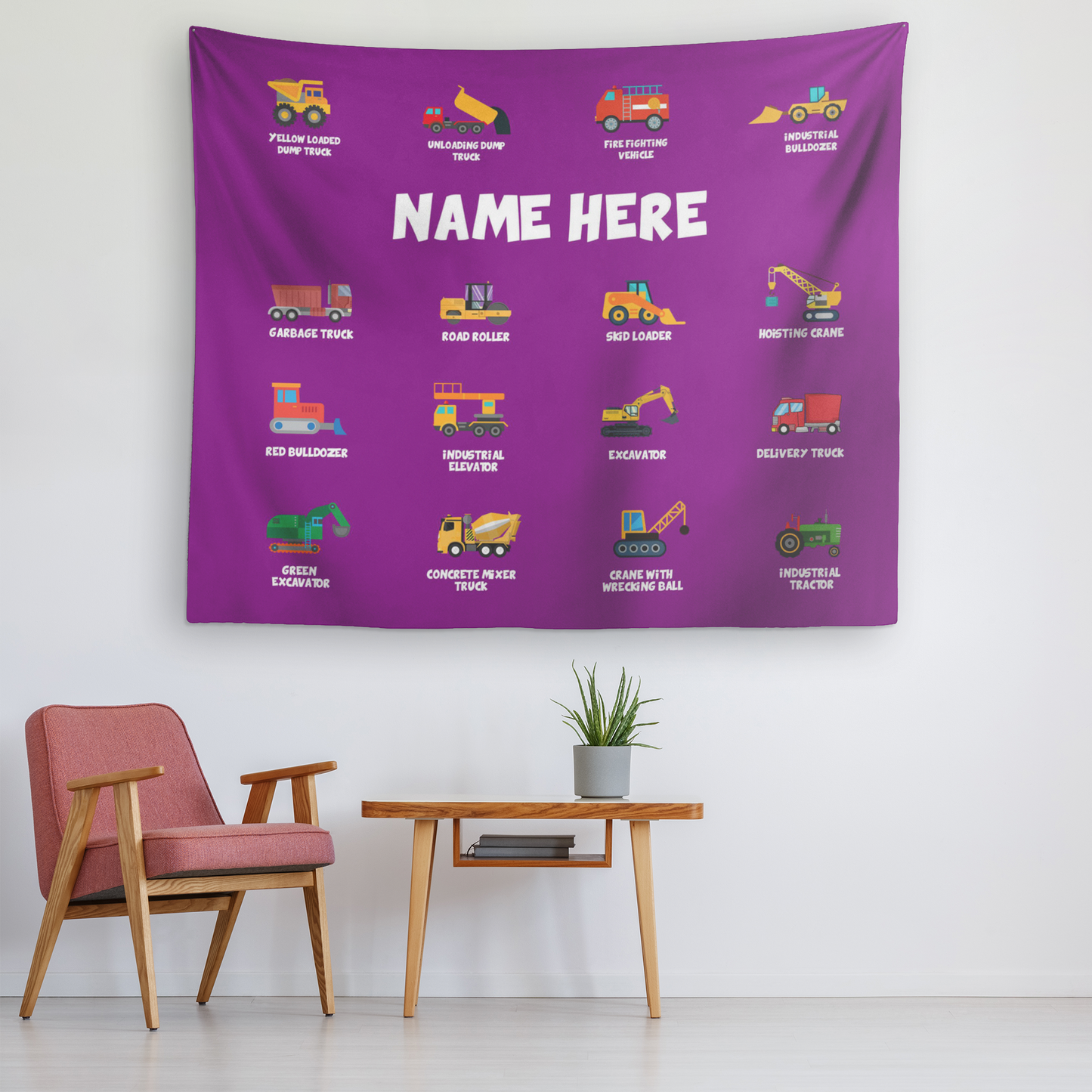 Personalized Name Construction Machines Wall Tapestry for Kids Room