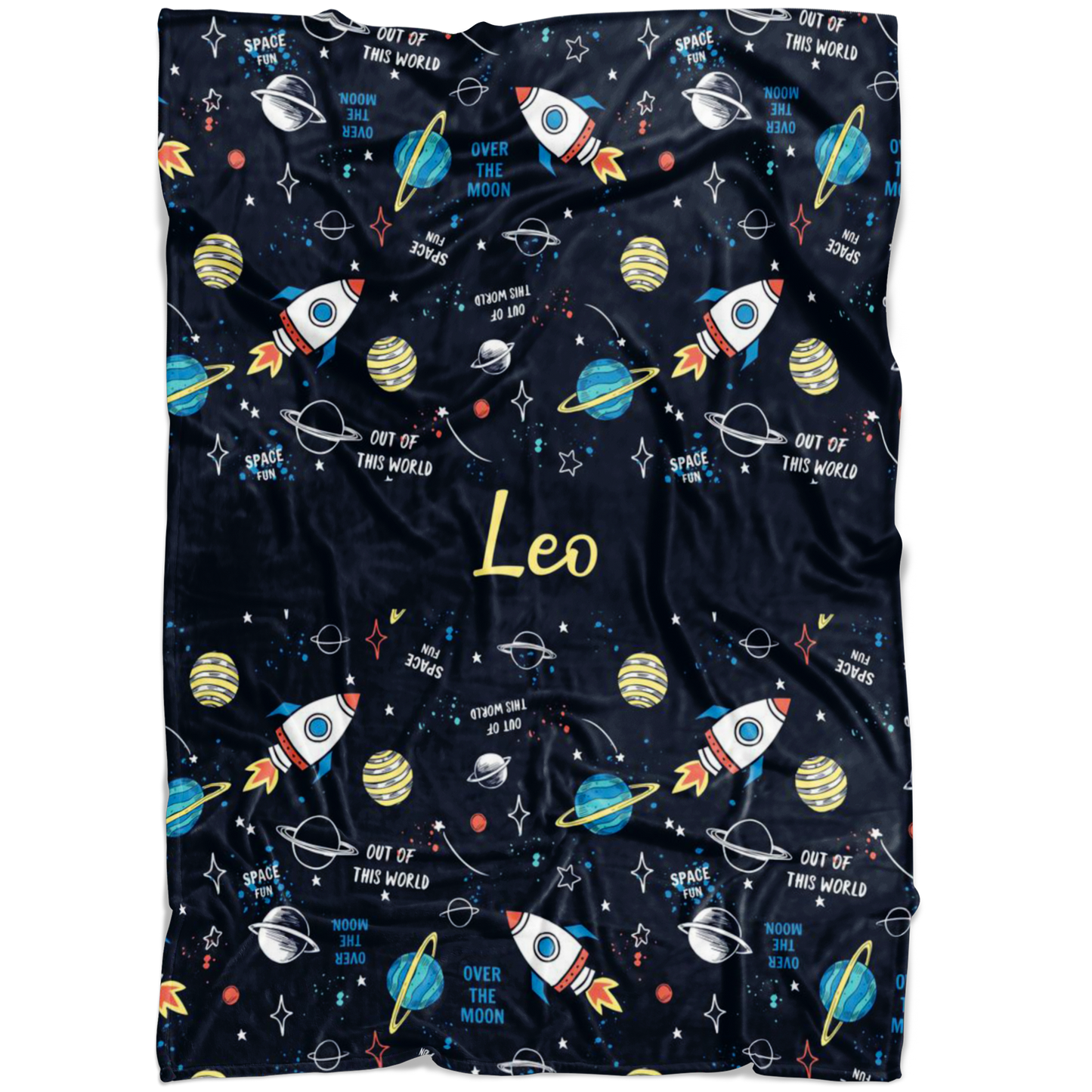 Personalized Name Space Blanket with Rockets & Planets for Boys & Girls - Leo
