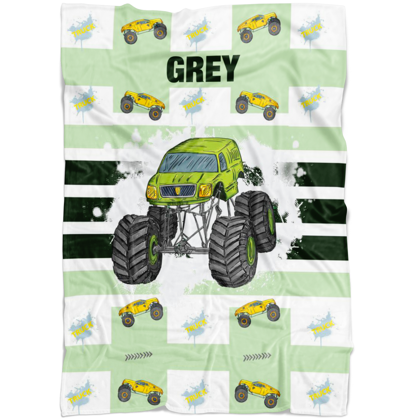 Personalized Name Monster Truck Blanket for Boys, Girls & Adults - GREY