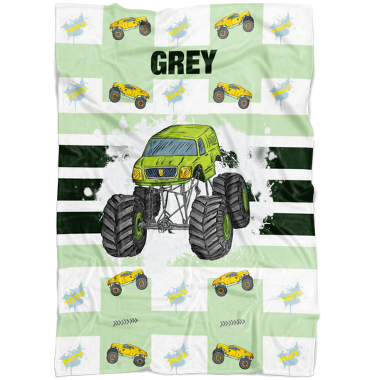 Personalized Name Monster Truck Blanket for Boys, Girls & Adults - GREY