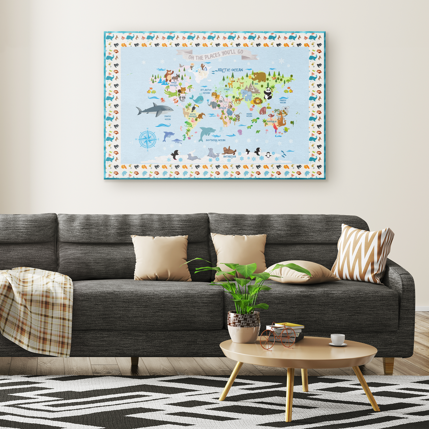 Personalized Map of World for Kids with Animal Planet, Canvas Wall Art for Children's Room, Learning, Educational Map for Boys & Girls