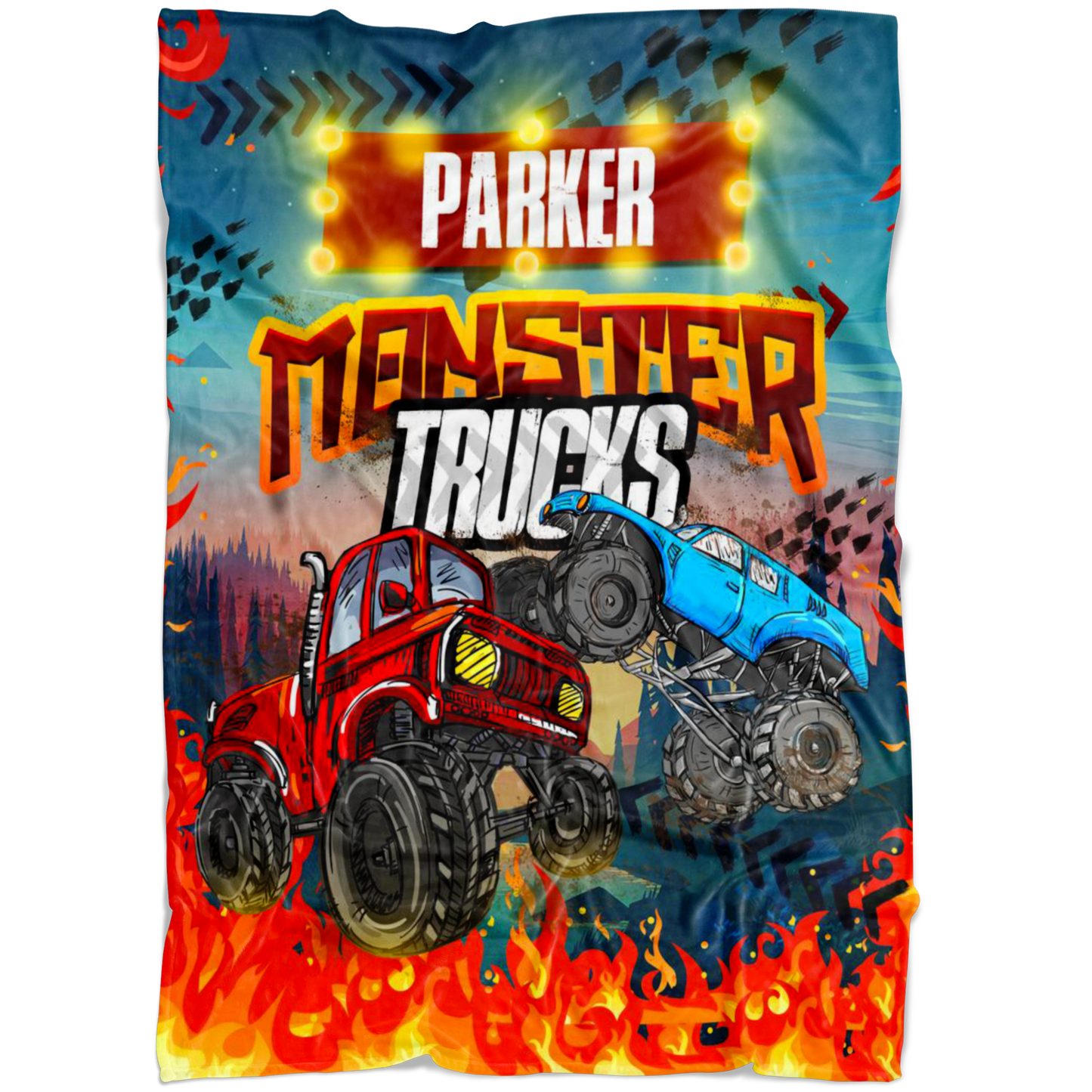 Personalized Name Monster Truck Blanket for Boys & Girls, Childrens Blanket - Parker