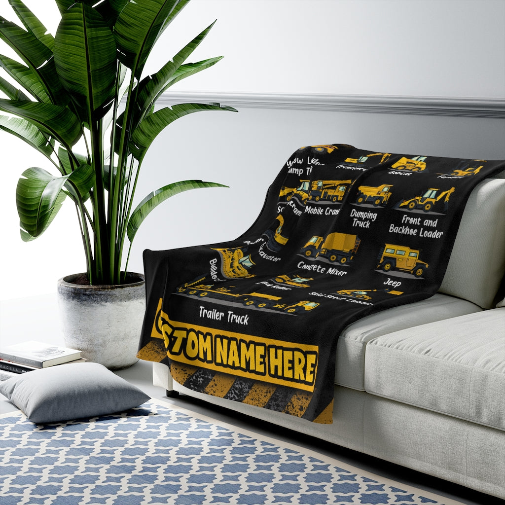 Personalized Name Construction Machinery Blanket for Kids, Custom Name Velveteen Plush Blanket For Boys & Girls