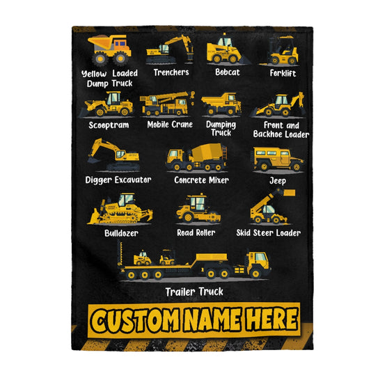 Personalized Name Construction Machinery Blanket for Kids, Custom Name Velveteen Plush Blanket For Boys & Girls