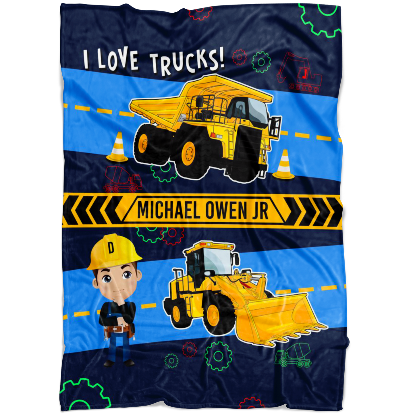 Personalized Name I Love Trucks Blanket for Boys & Girls with Character Personalization - Michael Owen JR