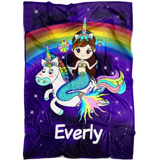 Personalized Name Mermaid & Unicorn Rainbow Blanket for Girls & Boys, Custom Name Blanket for Kids - Everly