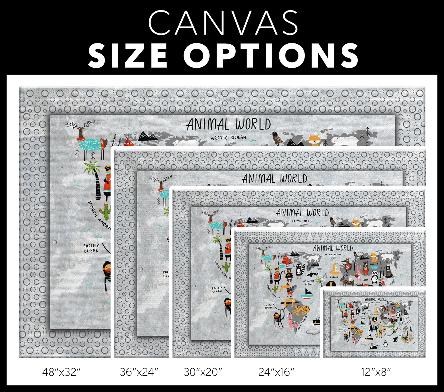 Personalized Map of World for Kids with Animal World, Scandinavian, Canvas Wall Art for Children's Room, Learning, Educational Map for Boys & Girls