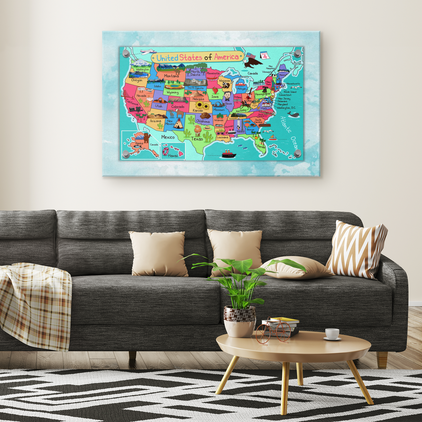 USA, United States Map for Kids, Canvas Wall Art for Children's Room, Learning, Educational Map for Boys & Girls