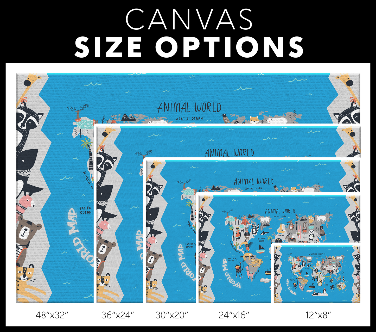 Personalized Map of World for Kids with Peeking Animals, Canvas Wall Art for Children's Room, Learning, Educational Map for Boys & Girls