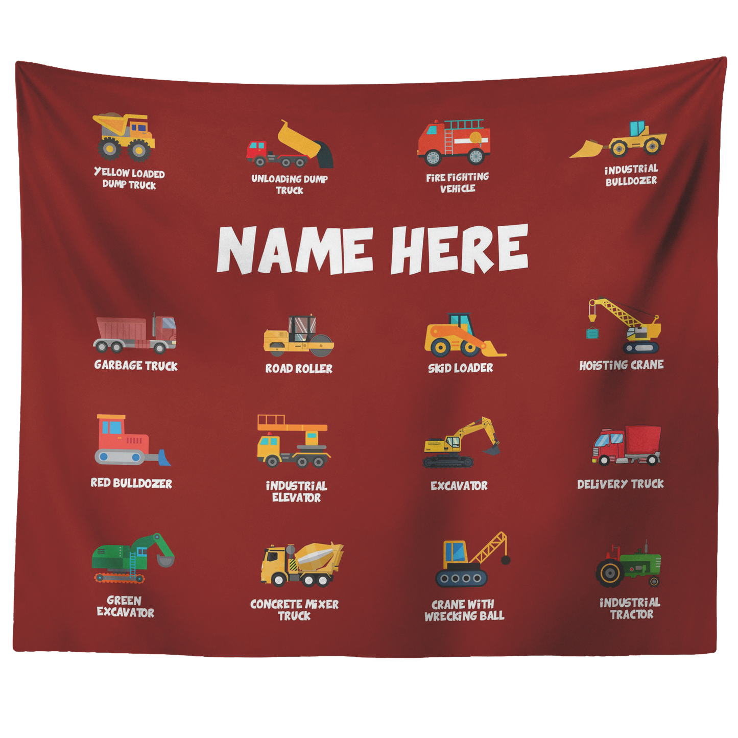 Personalized Name Construction Machines Wall Tapestry for Kids Room
