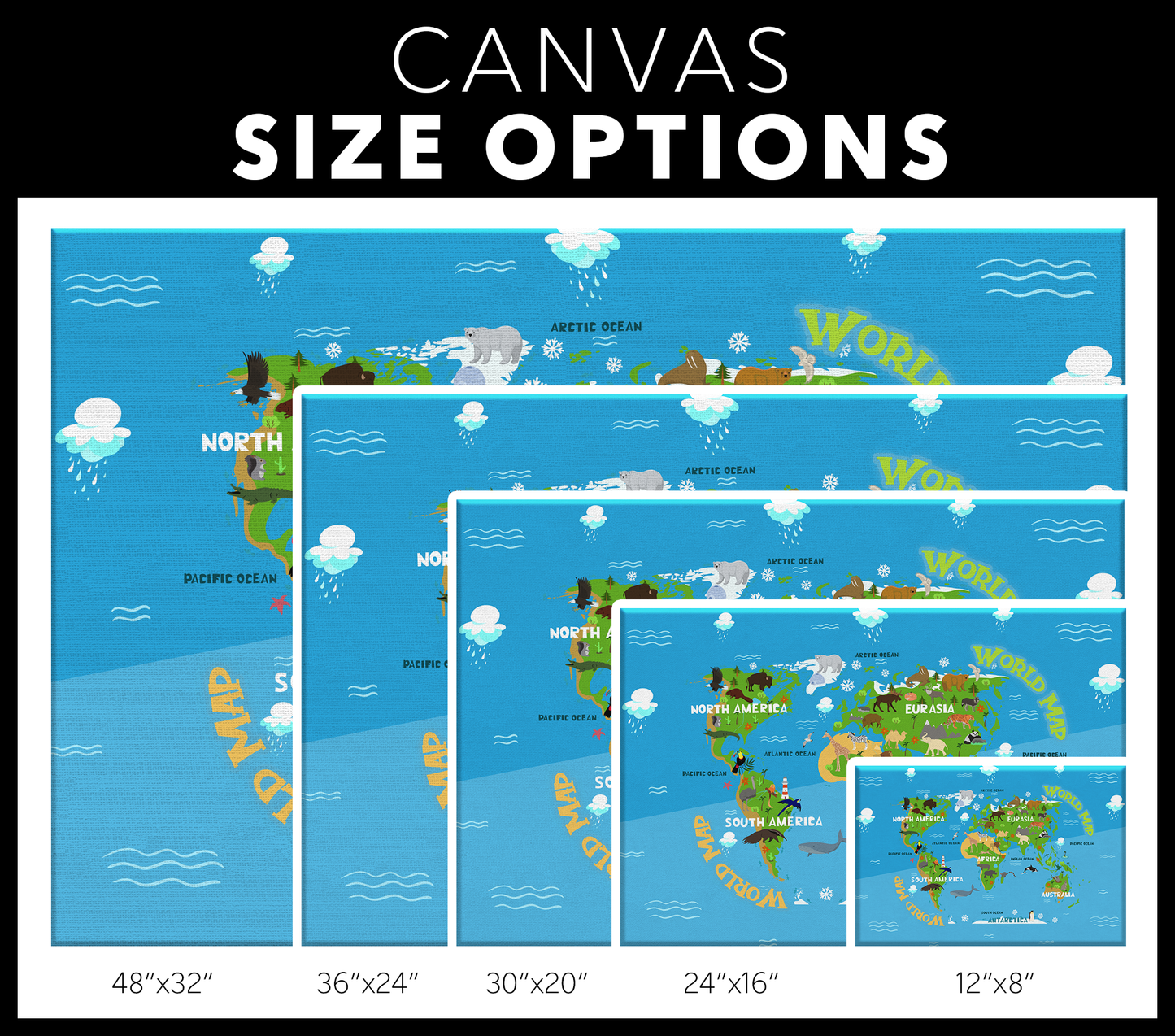 Personalized Blue Map of World for Kids with Animals, Canvas Wall Art for Children's Room, Learning, Educational Map for Boys & Girls