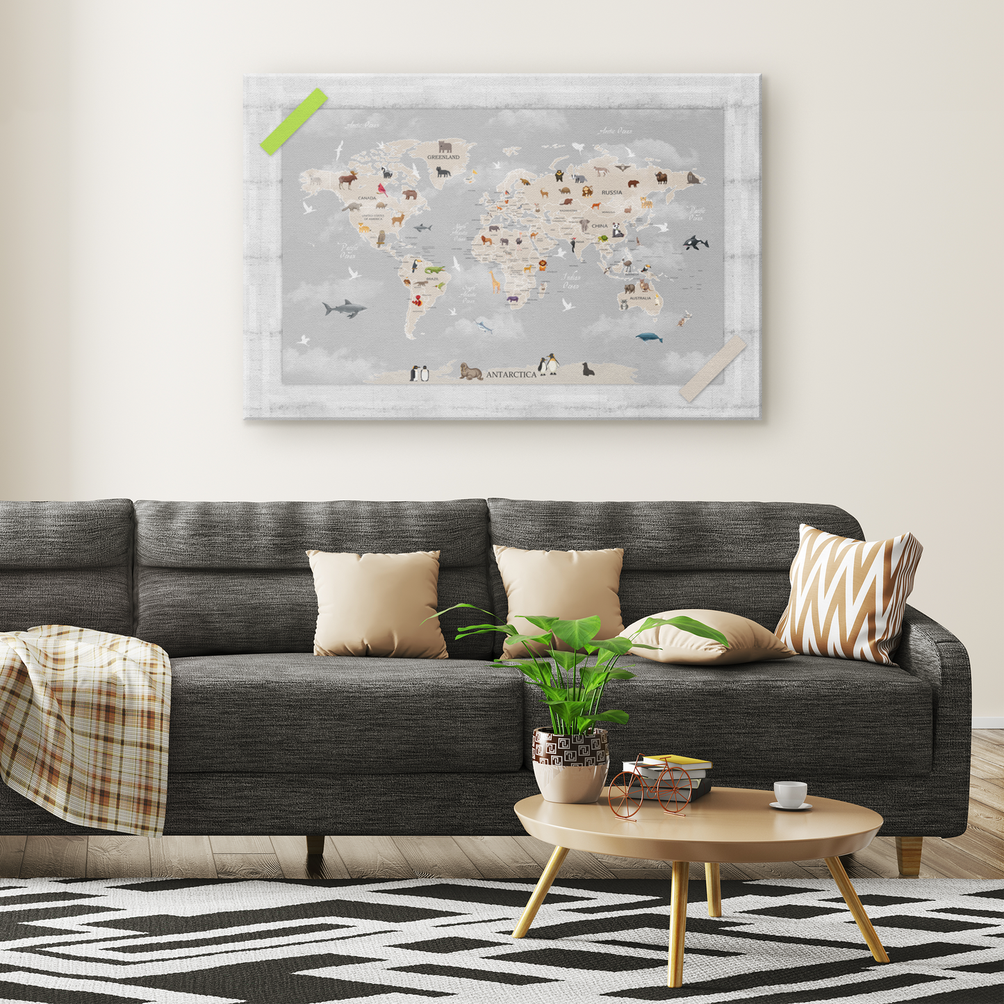 Personalized Map of World for Kids with Animals, Canvas Wall Art for Children's Room, Learning, Educational Map for Boys & Girls