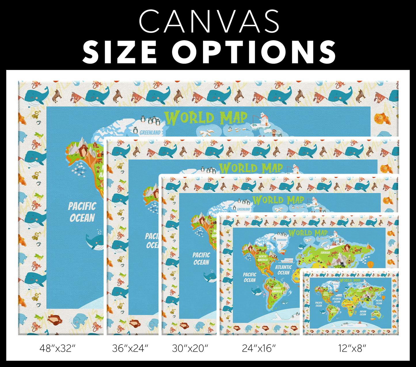 Personalized Colourful Map of World for Kids with Animals, Canvas Wall Art for Children's Room, Learning, Educational Map for Boys & Girls